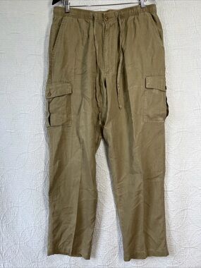 Caribbean Mens 100 Linen Cargo Pant 36x32 Tan Coastal Casual Beach DrawString